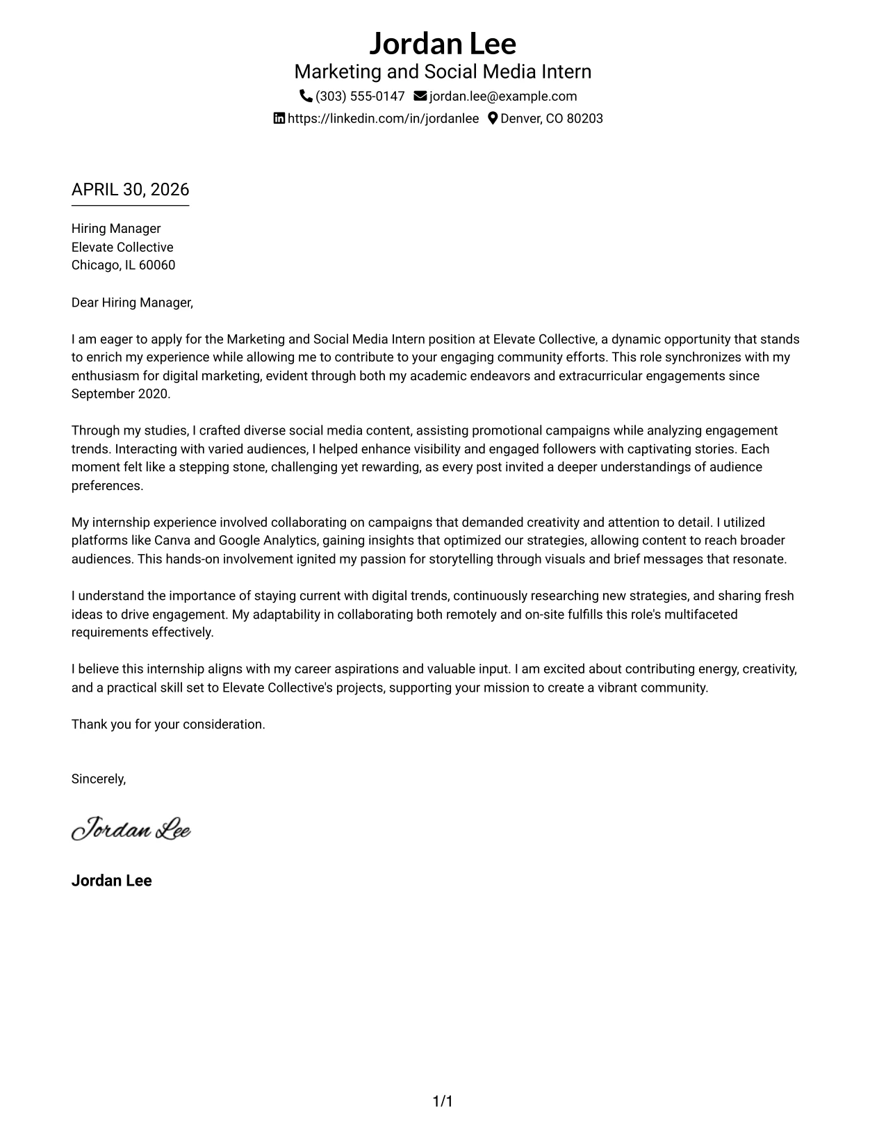 Marketing and Social Media Intern Cover Letter Example Two-Line Contact Header with Underlined Date Format