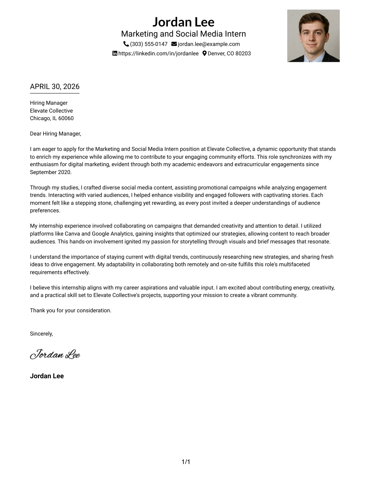 Marketing and Social Media Intern Cover Letter Example One Column Format with Photo Right