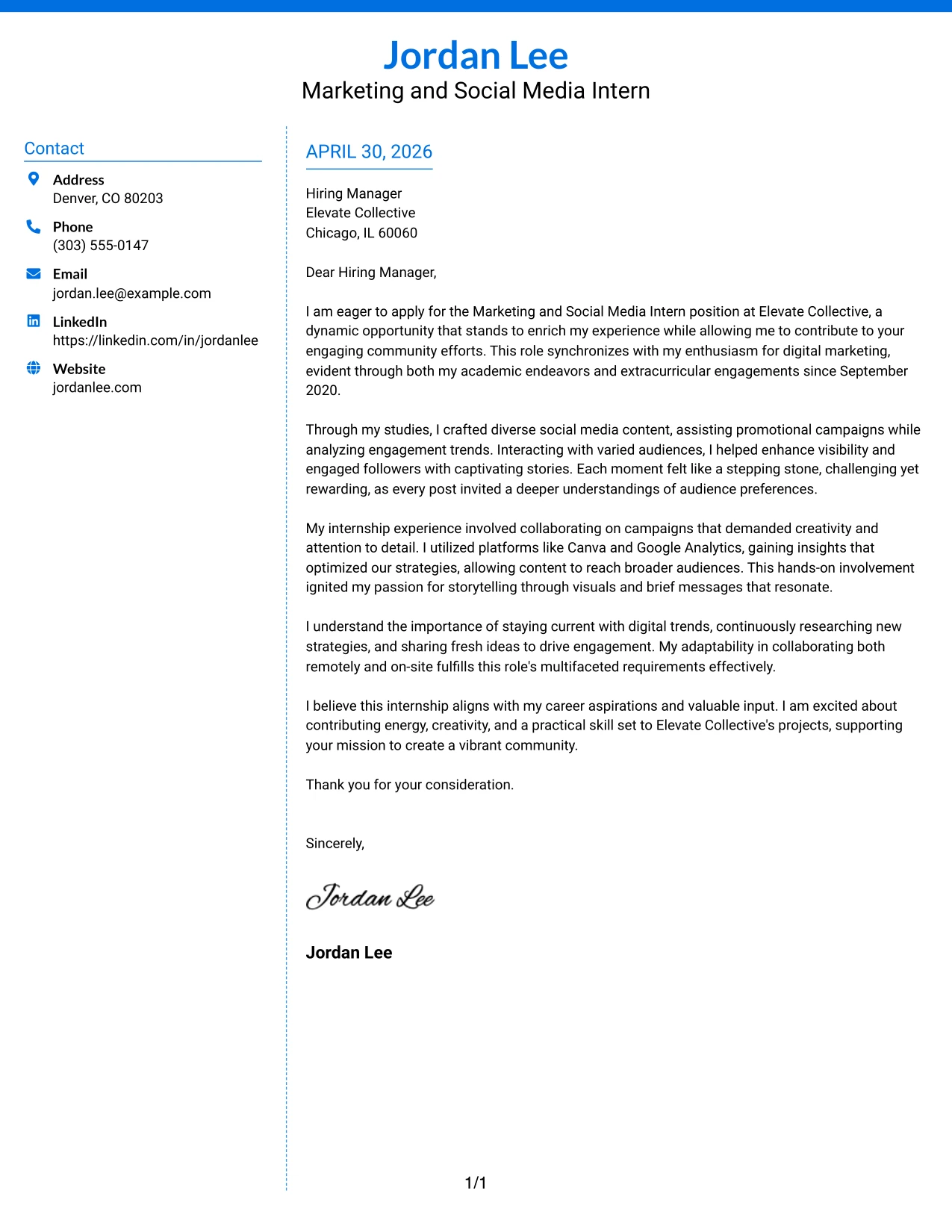 Marketing and Social Media Intern Cover Letter Example Colored Two Column Format