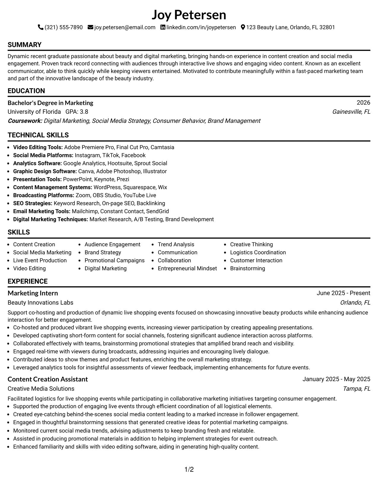 Resume Example Page 1