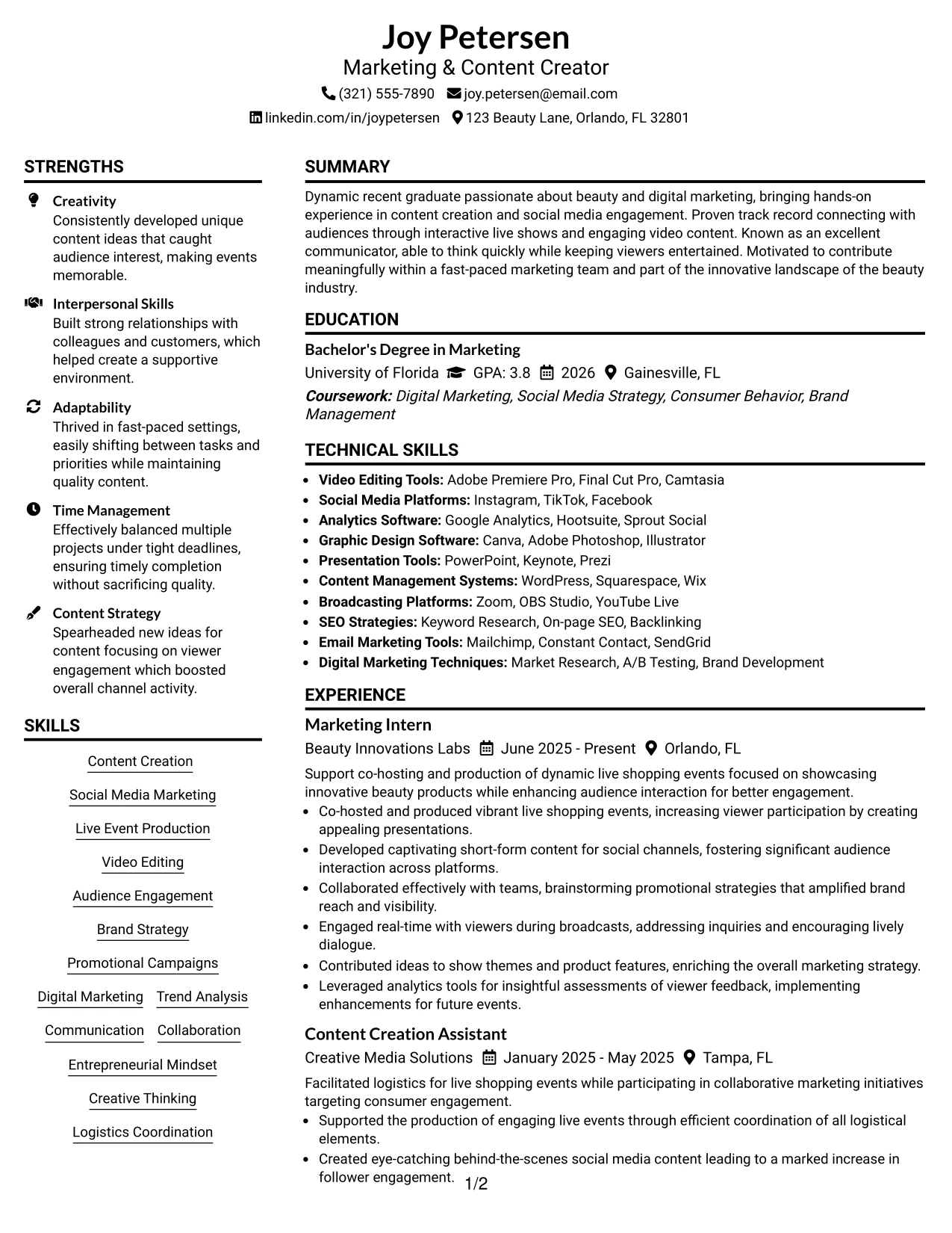 Resume Example Page 1
