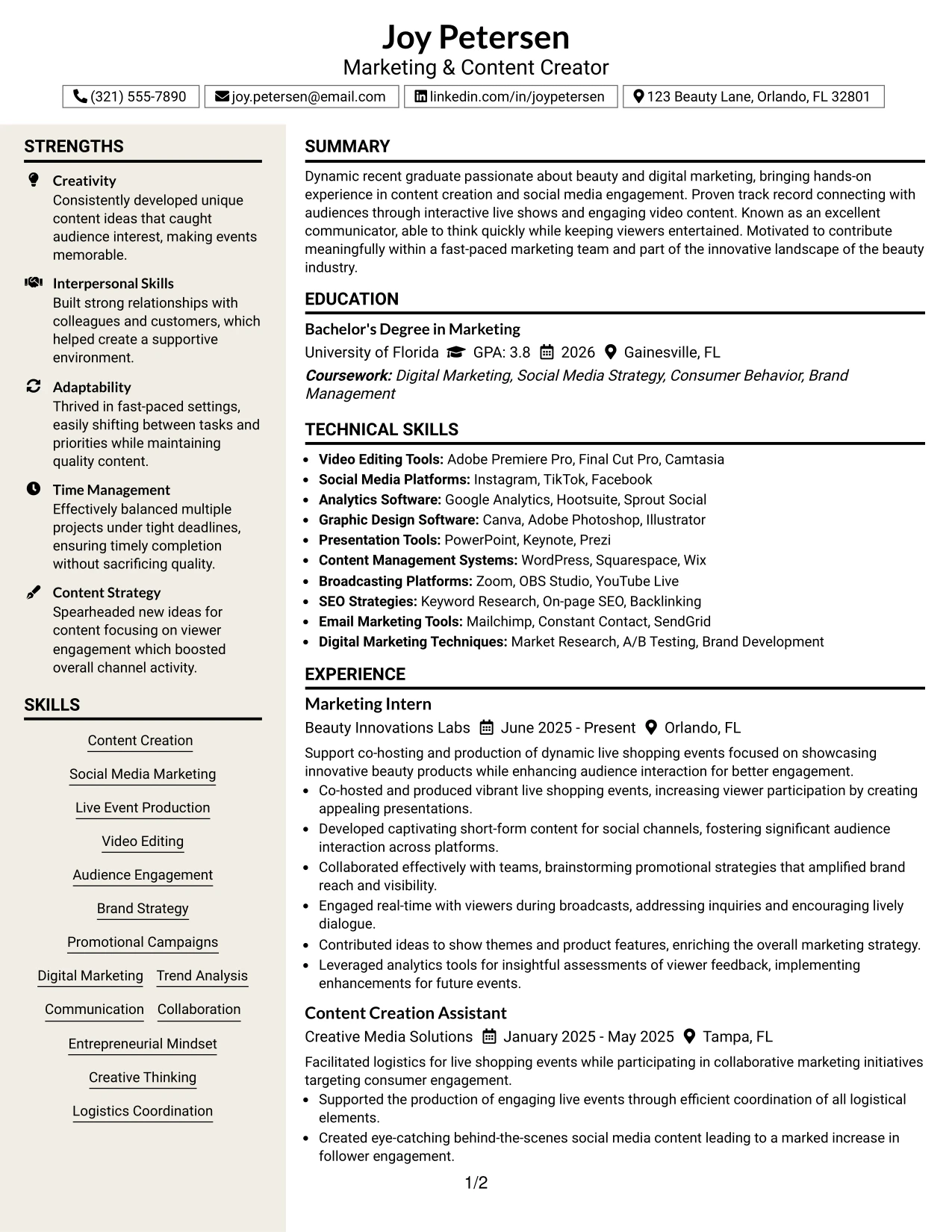 Resume Example Page 1