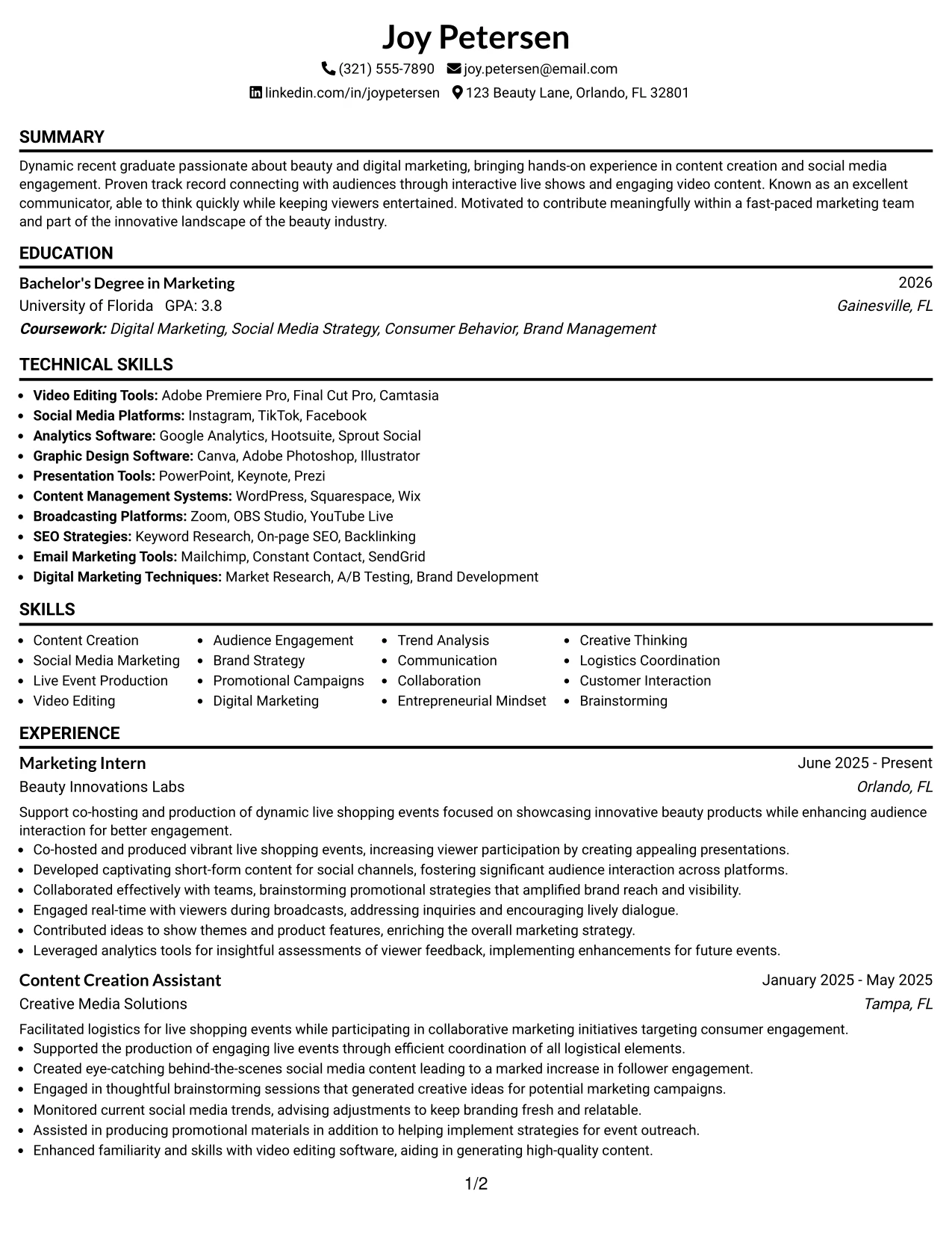 Resume Example Page 1