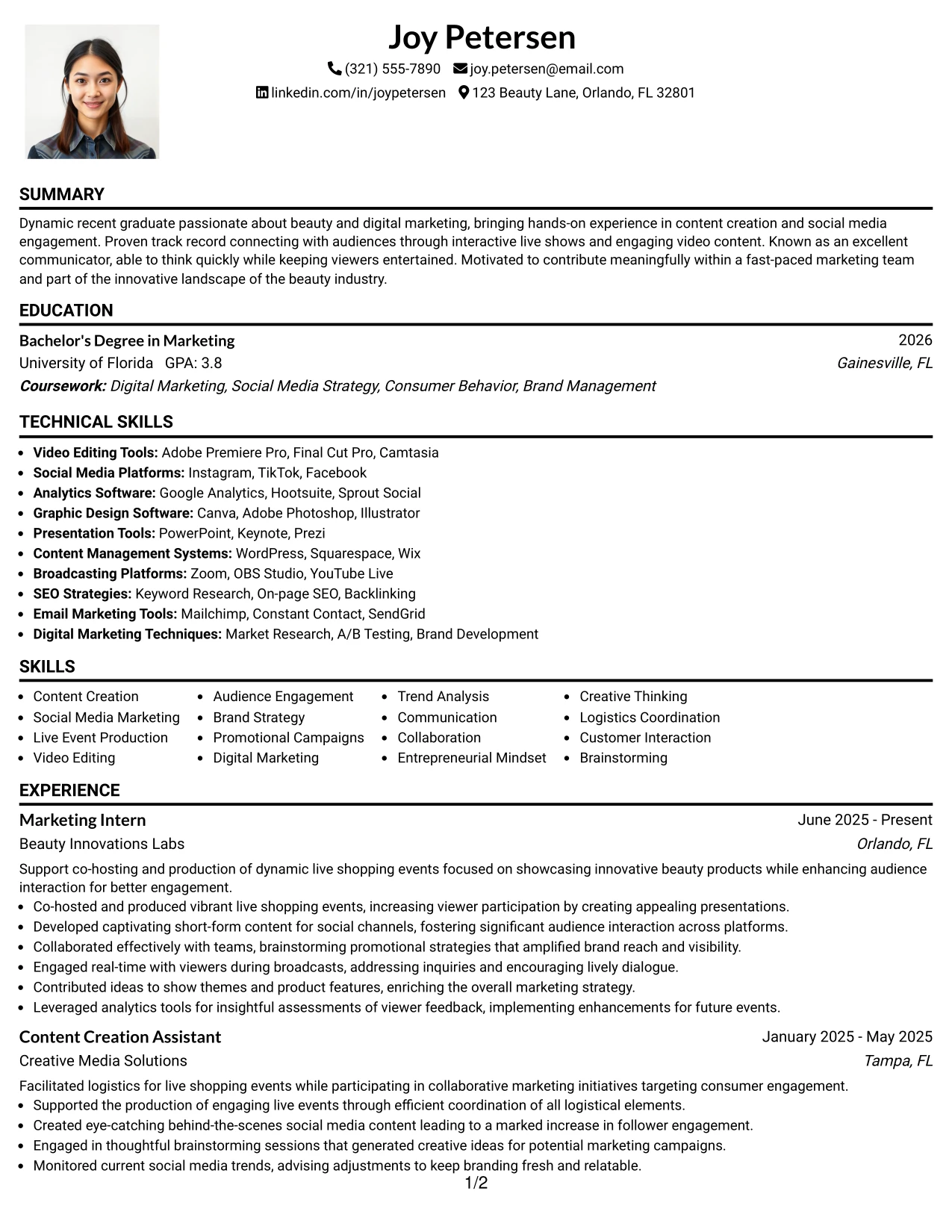 Resume Example Page 1