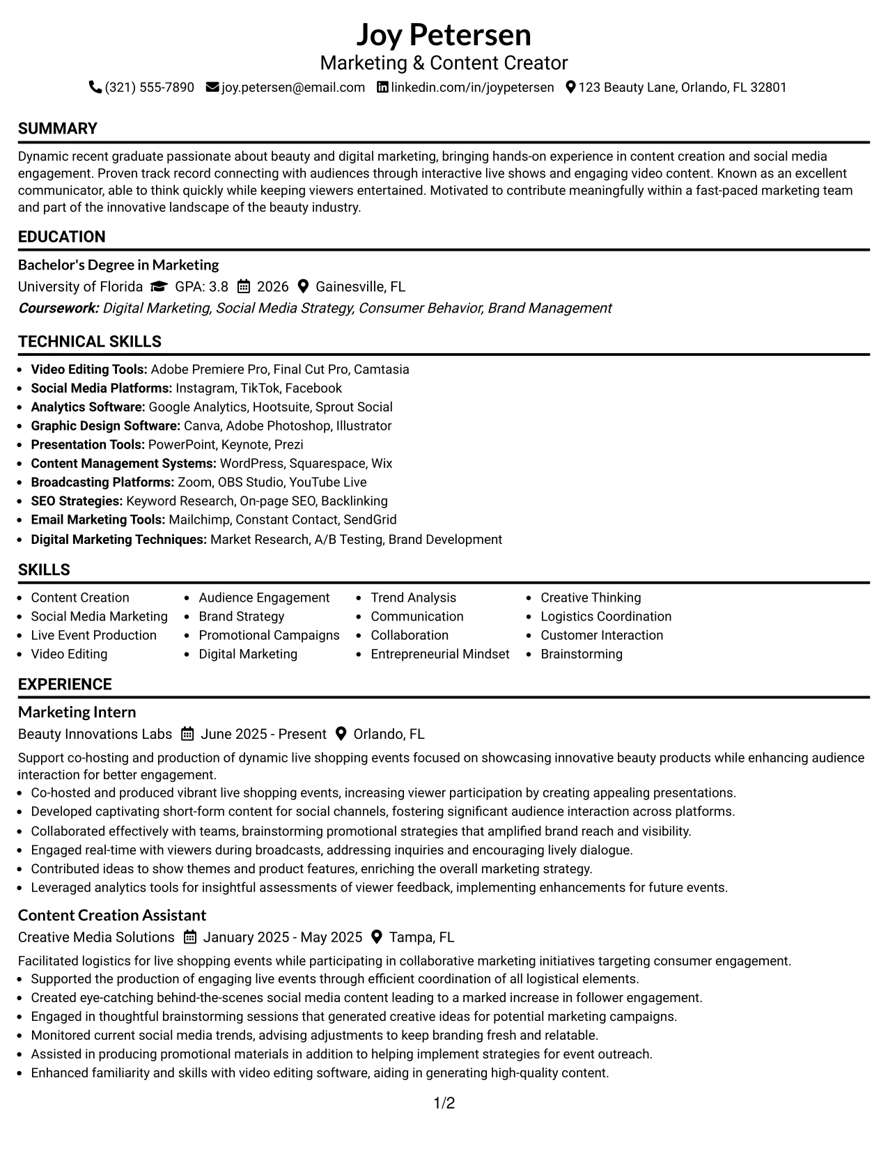 Resume Example Page 1
