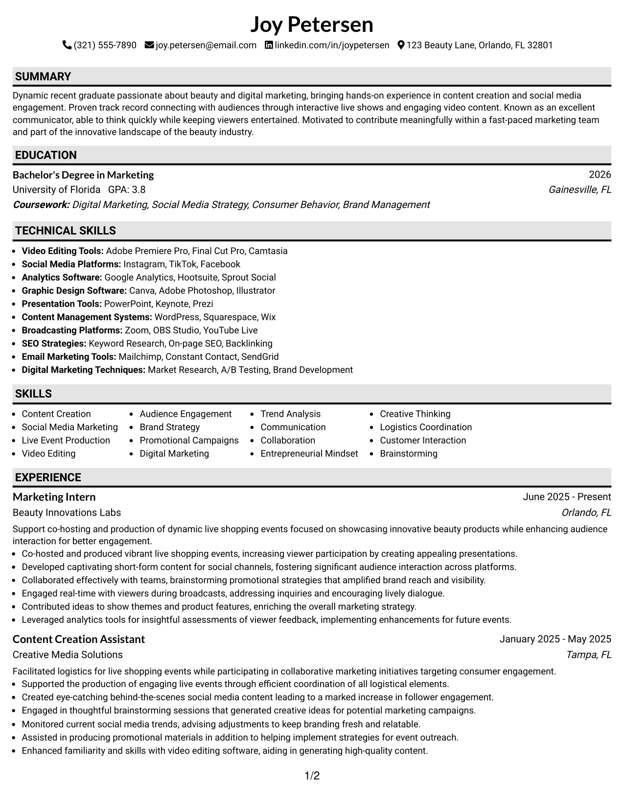 Resume Example Page 1