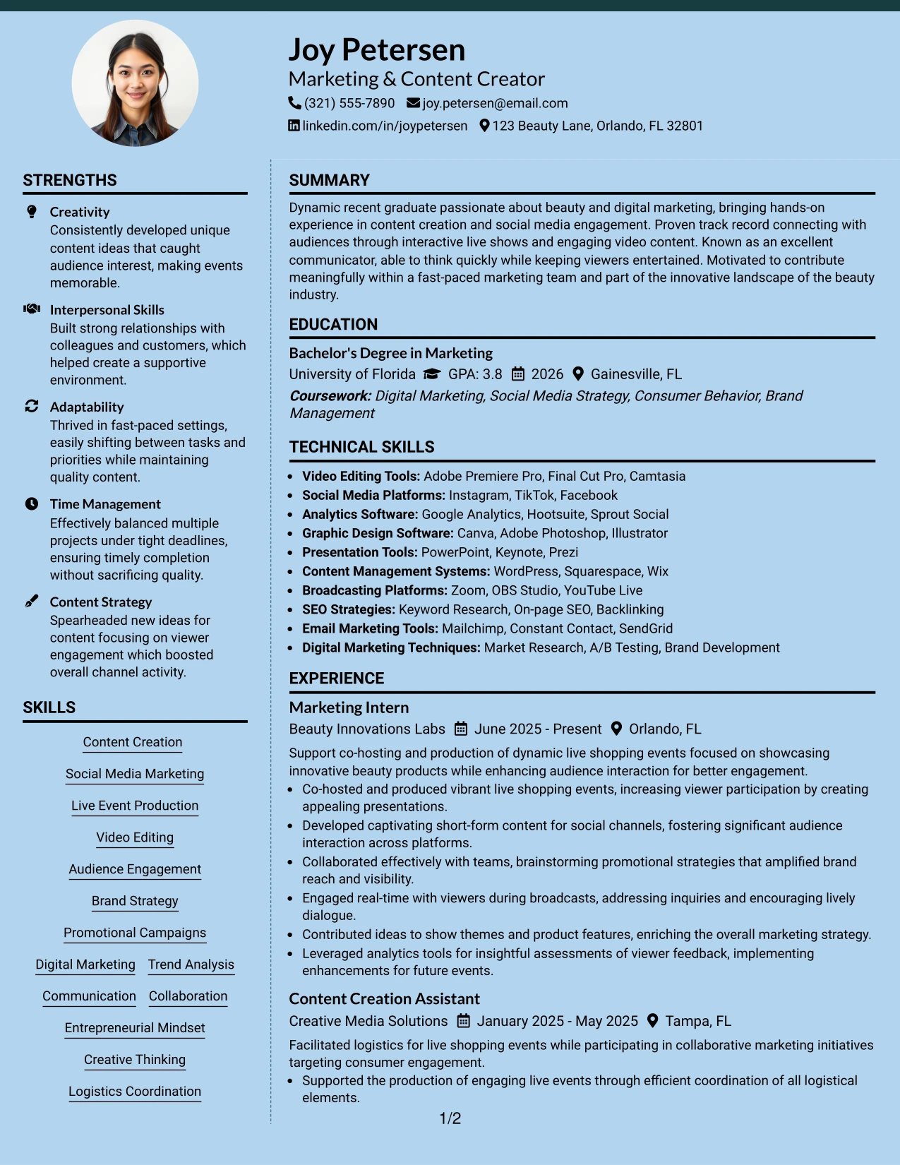 Resume Example Page 1