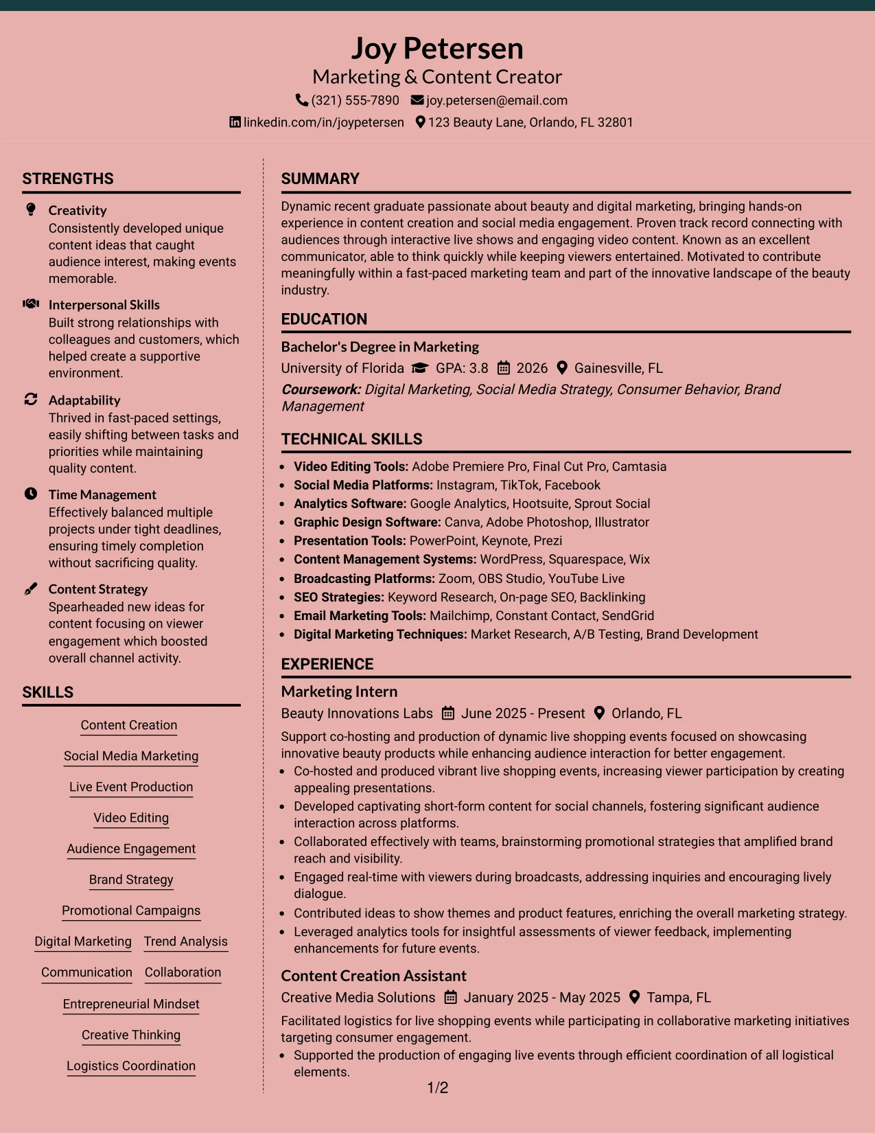 Resume Example Page 1