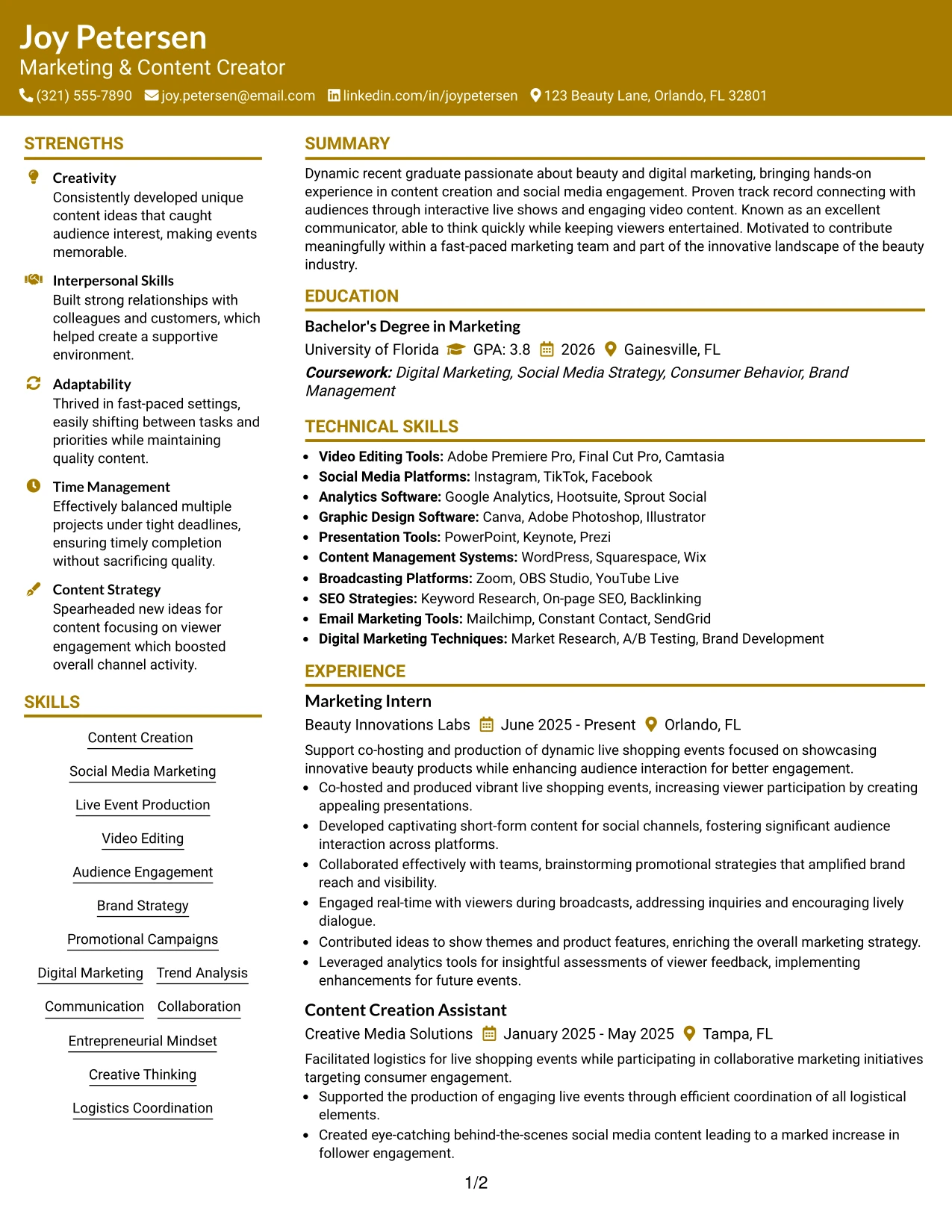 Resume Example Page 1
