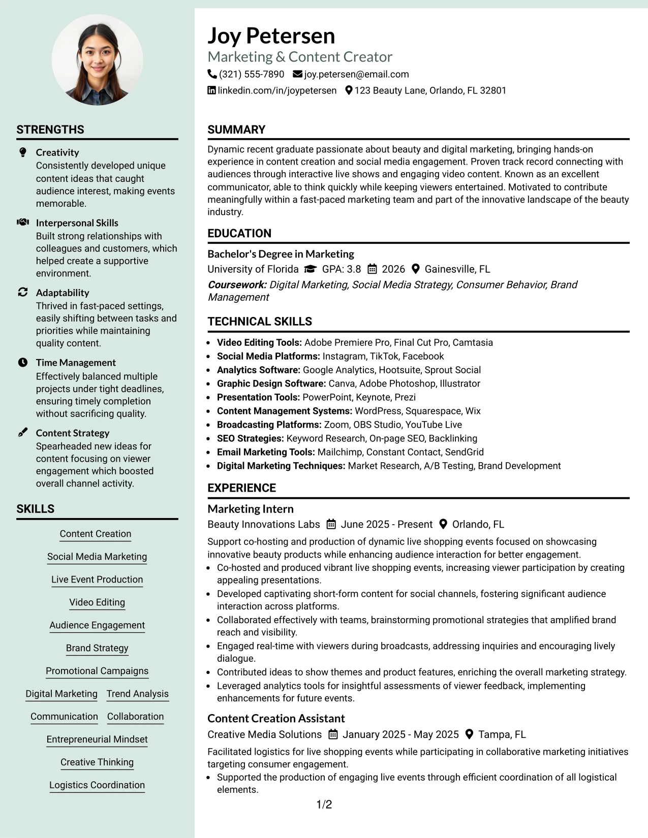 Resume Example Page 1