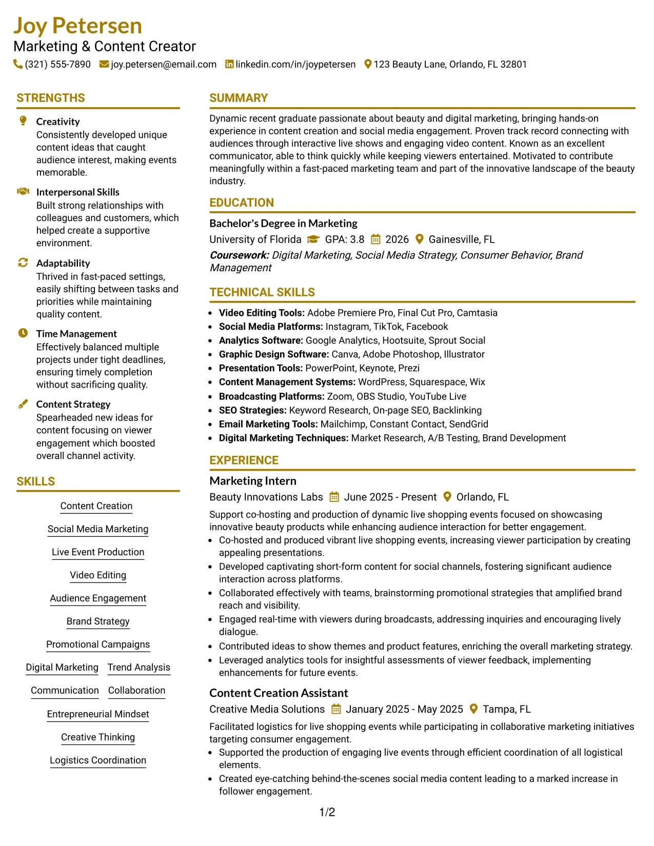 Resume Example Page 1
