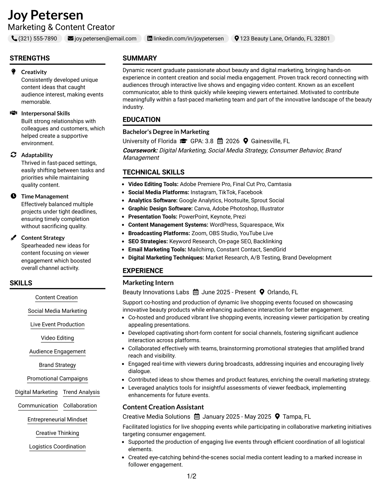 Resume Example Page 1