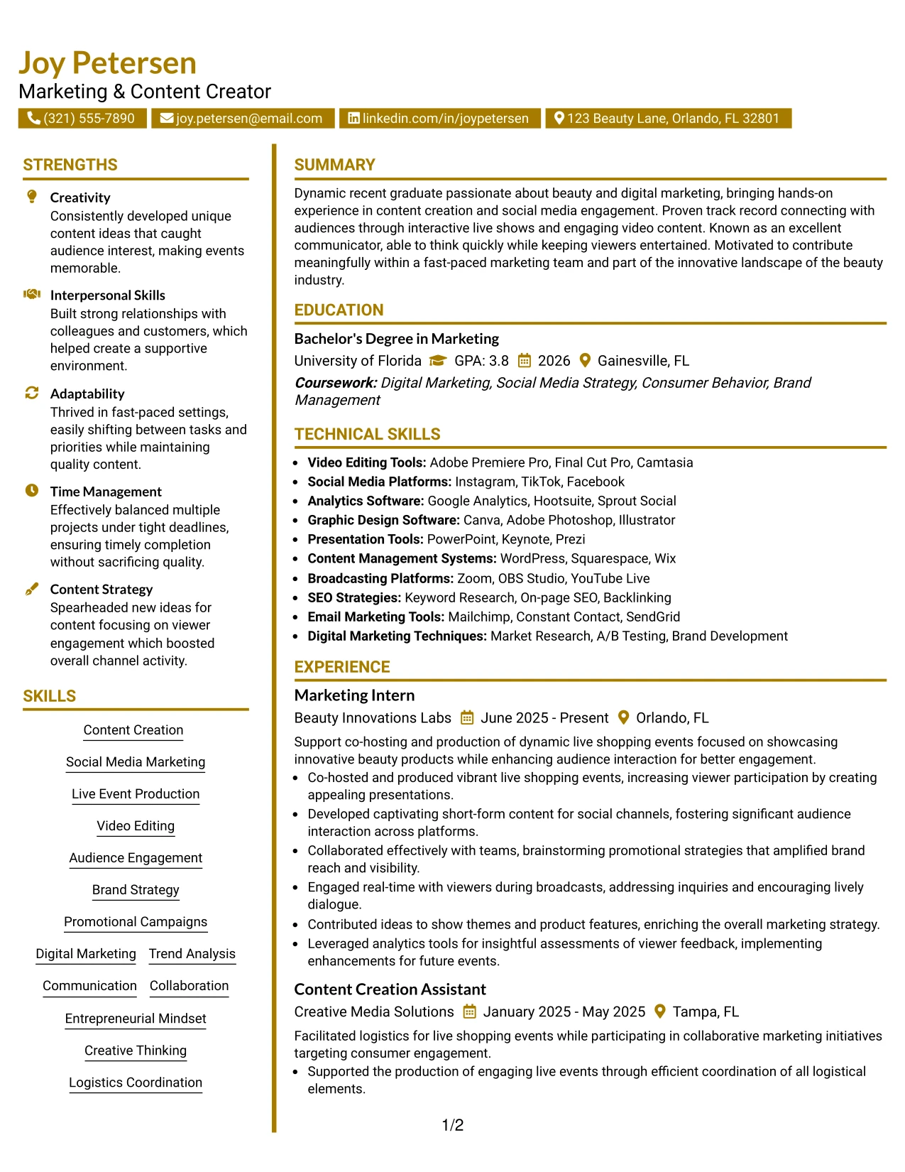 Resume Example Page 1