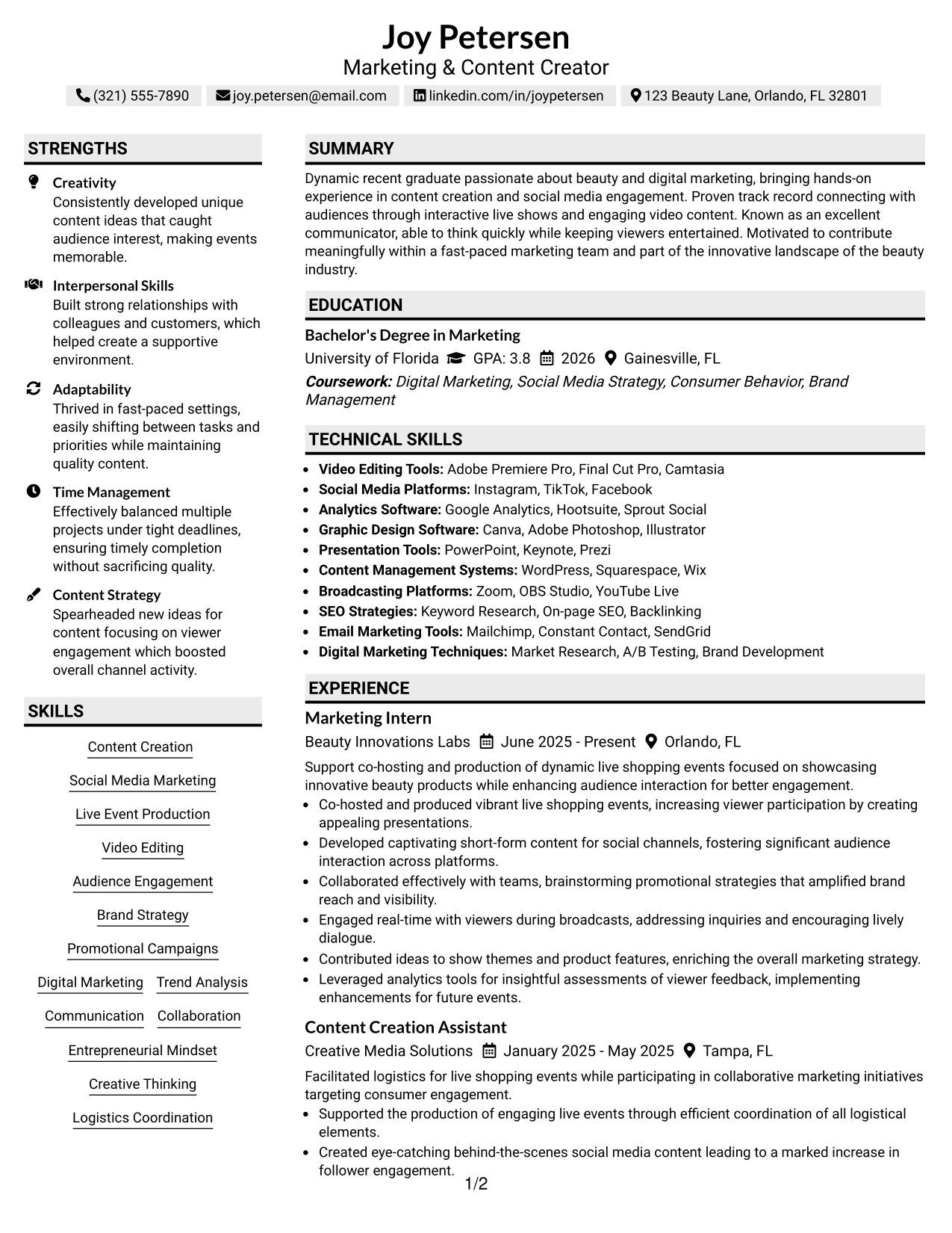 Resume Example Page 1