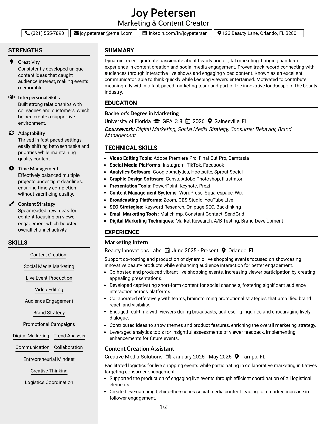 Resume Example Page 1