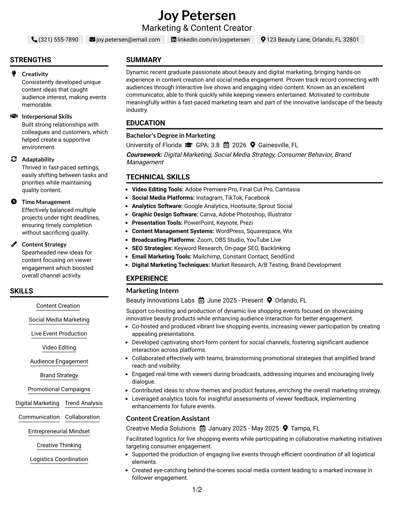 Resume Example Page 1