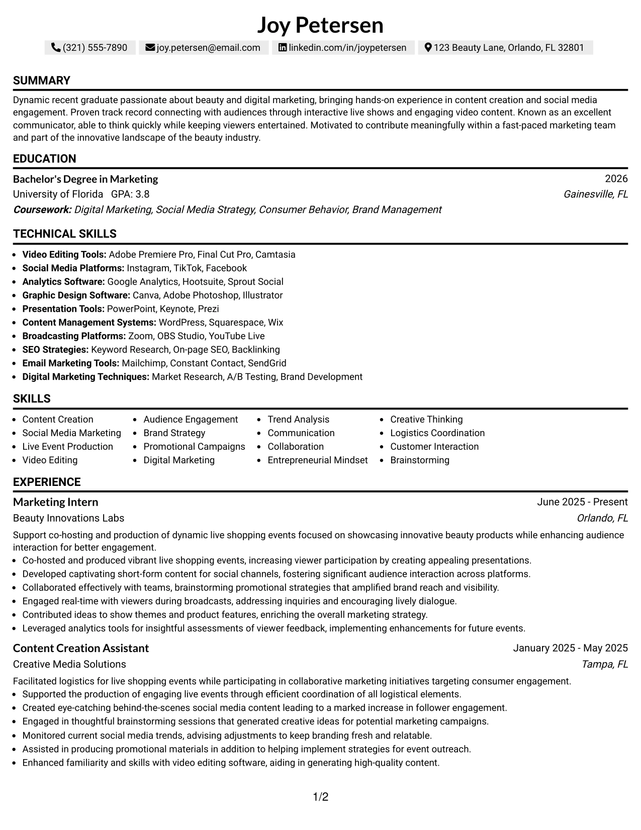 Resume Example Page 1