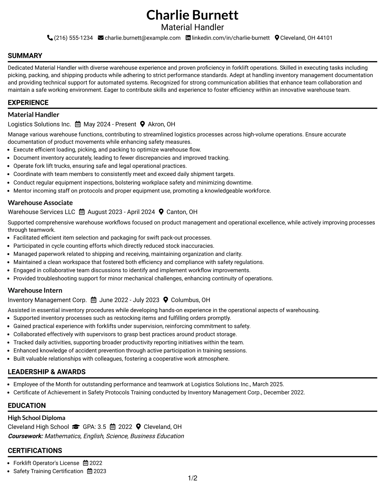 Resume Example Page 1