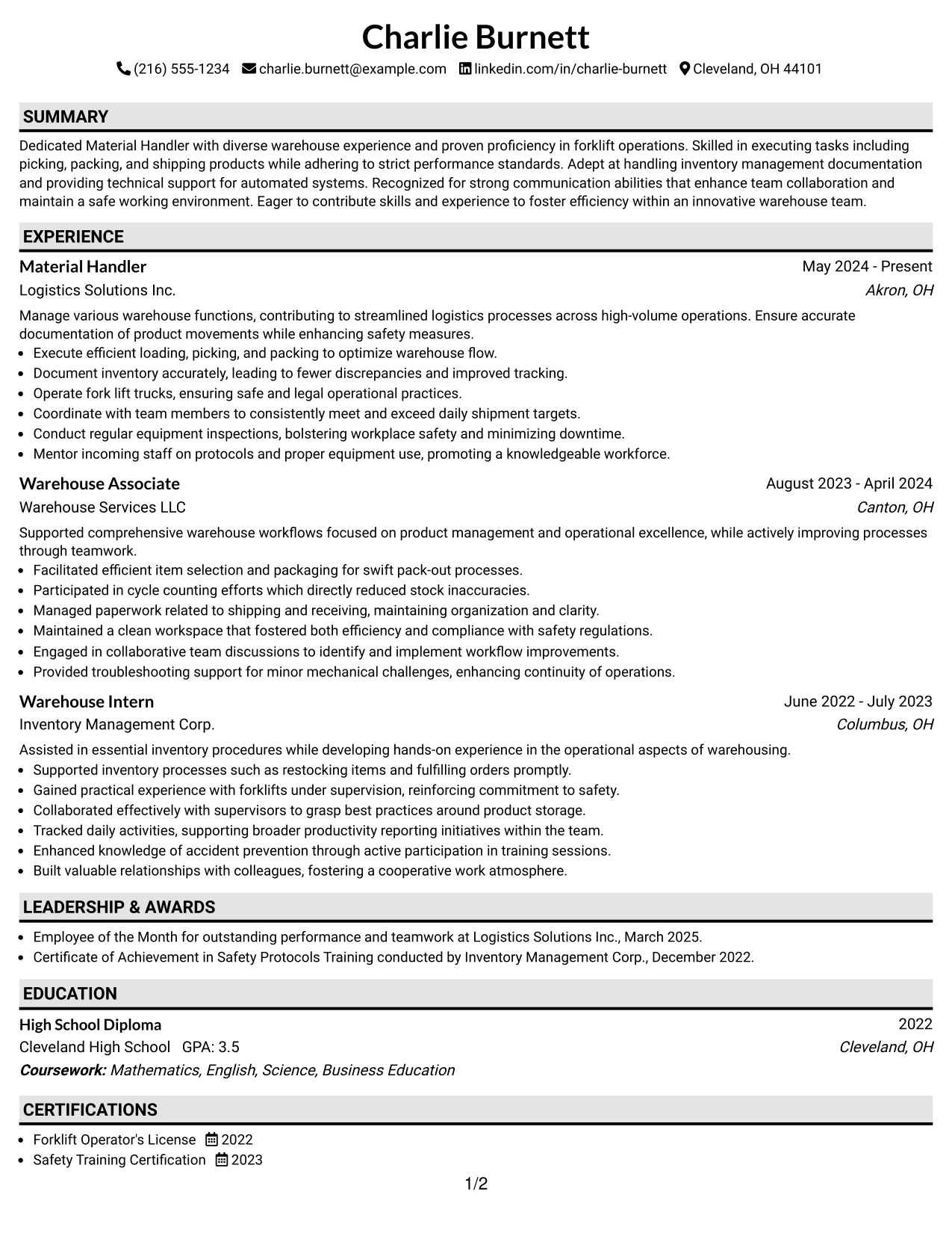 Resume Example Page 1