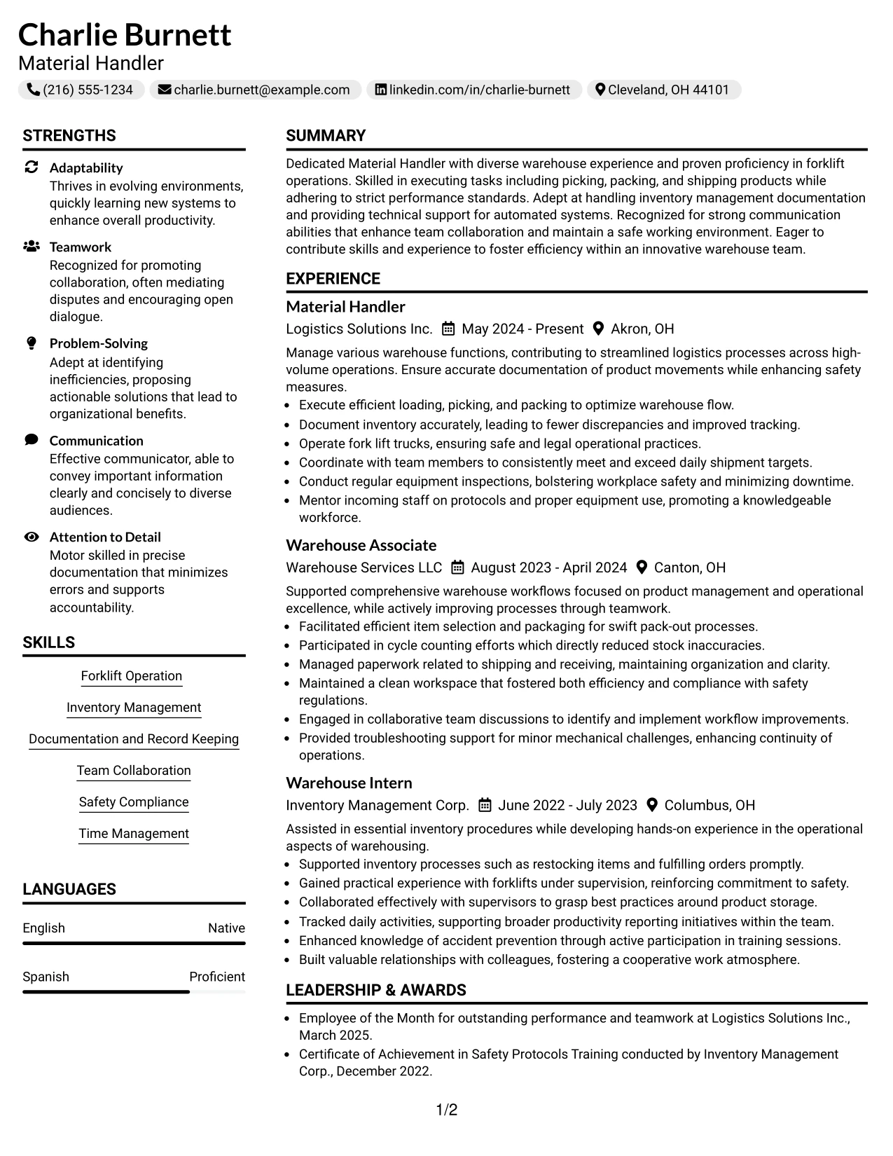 Resume Example Page 1