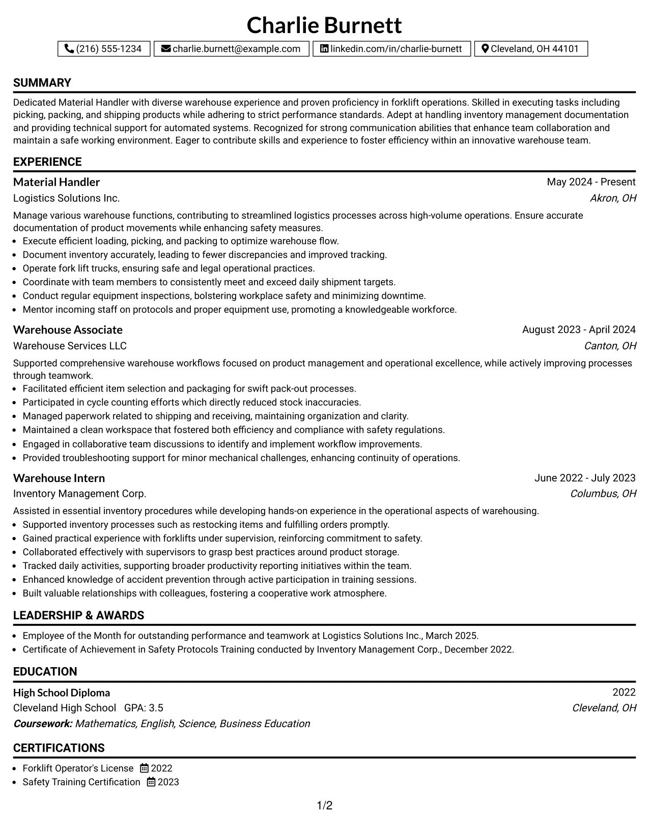 Resume Example Page 1