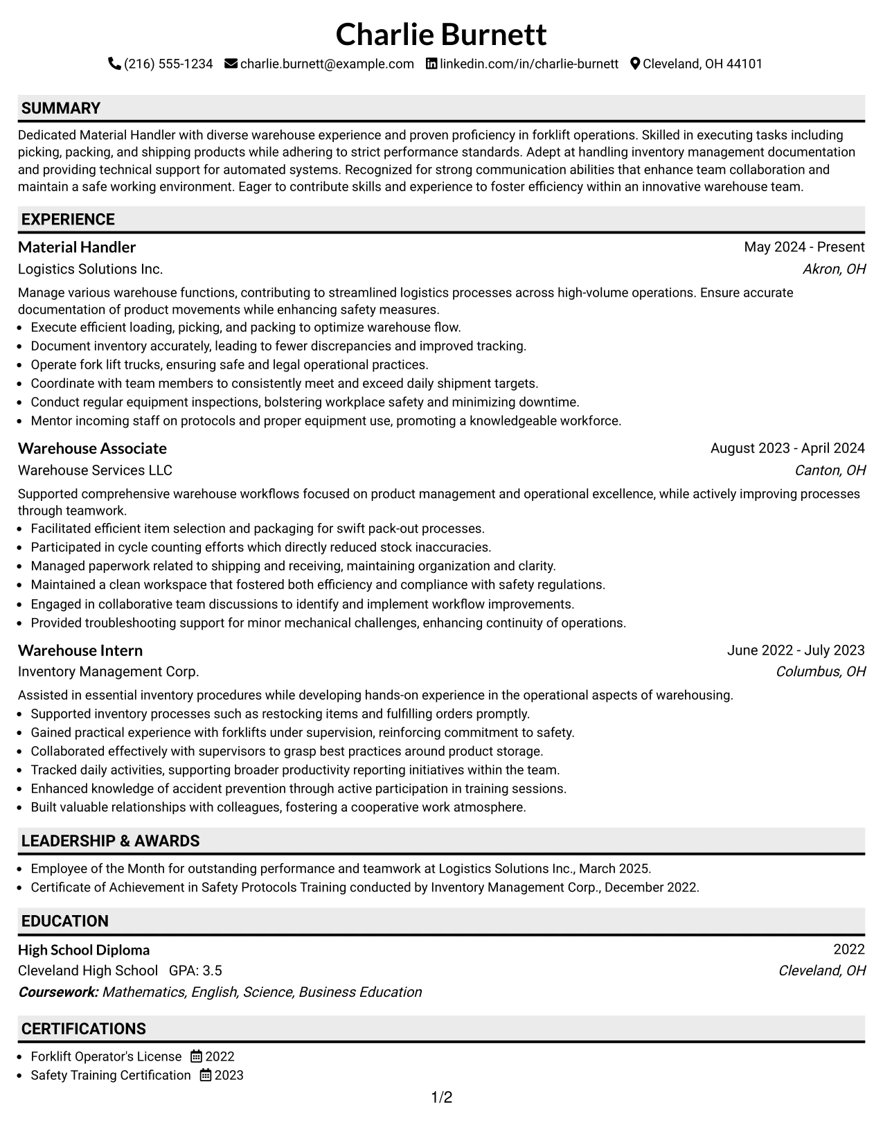 Resume Example Page 1