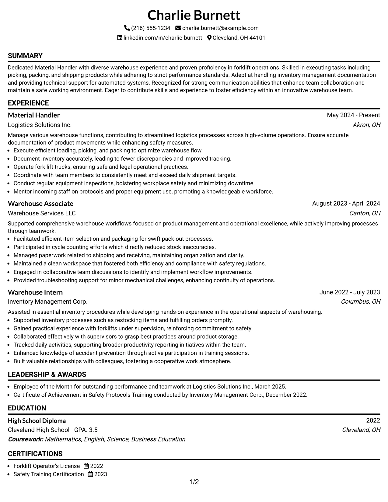 Resume Example Page 1