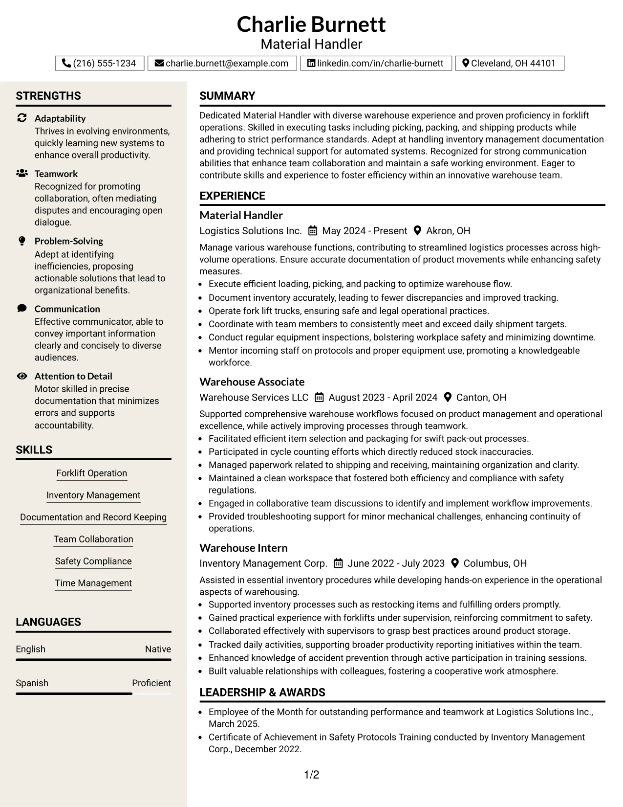 Resume Example Page 1