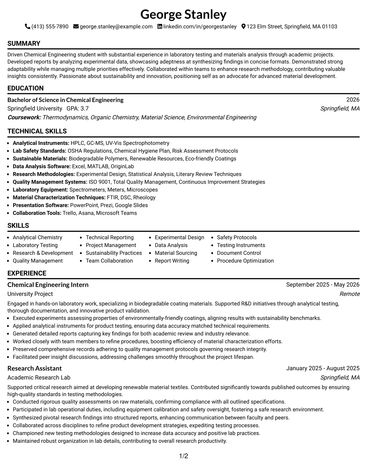 Resume Example Page 1