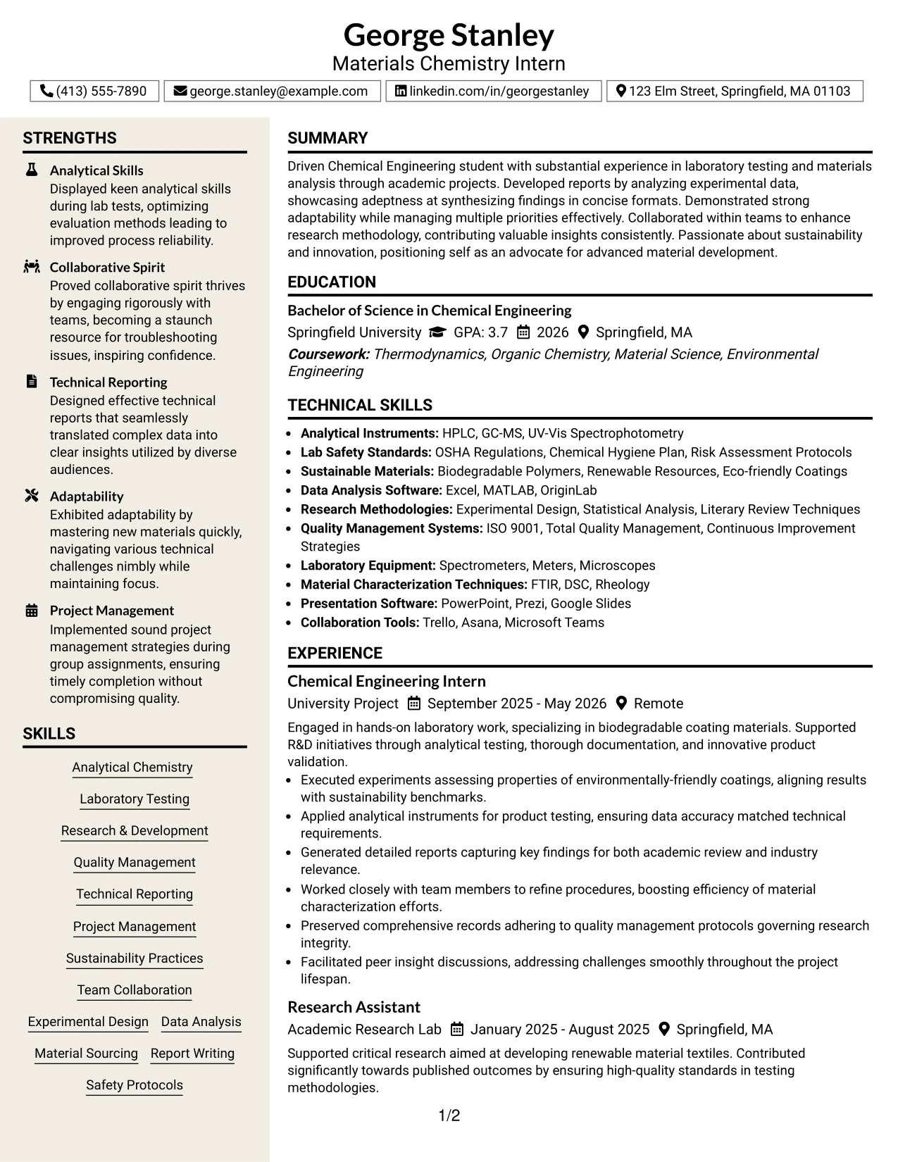 Resume Example Page 1