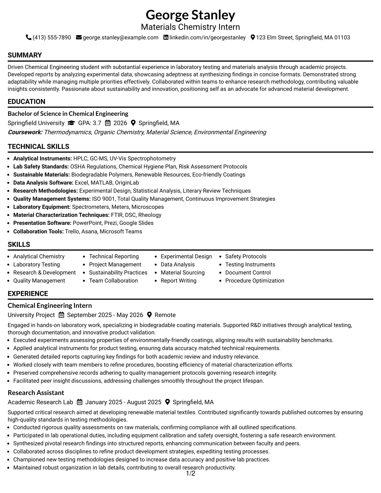 Resume Example Page 1
