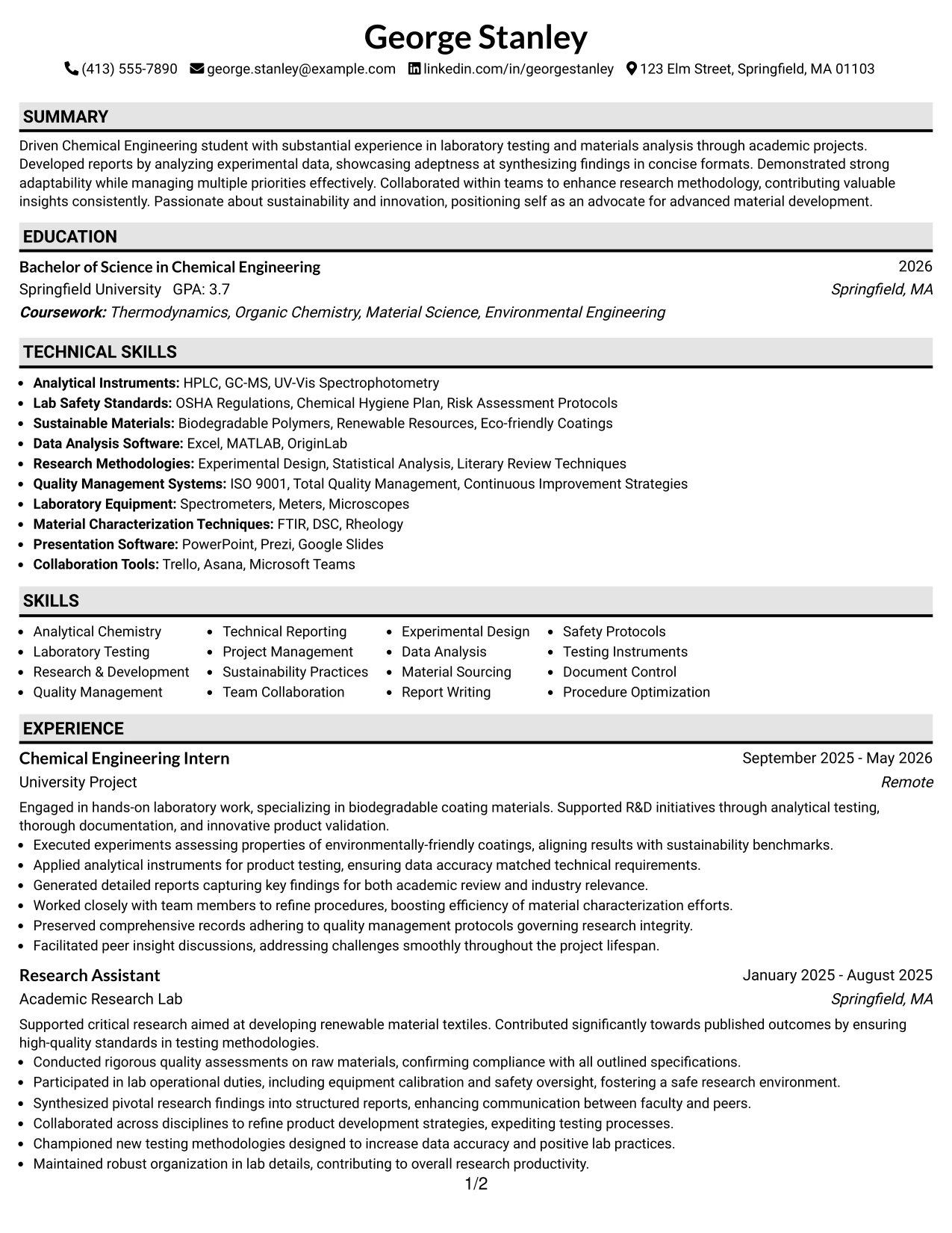 Resume Example Page 1