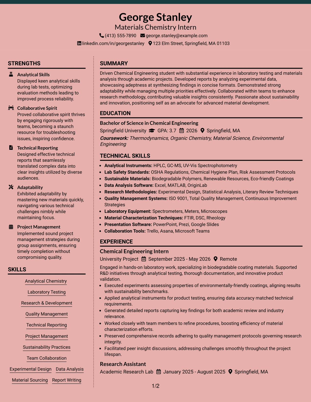 Resume Example Page 1