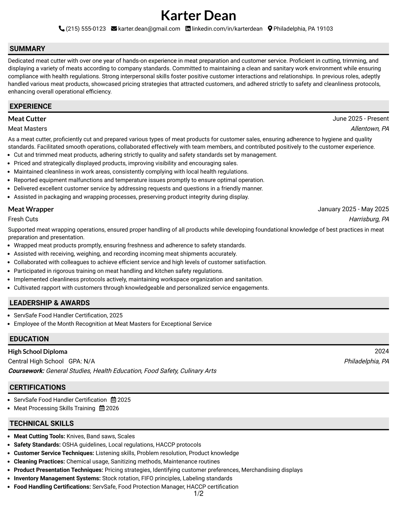 Resume Example Page 1