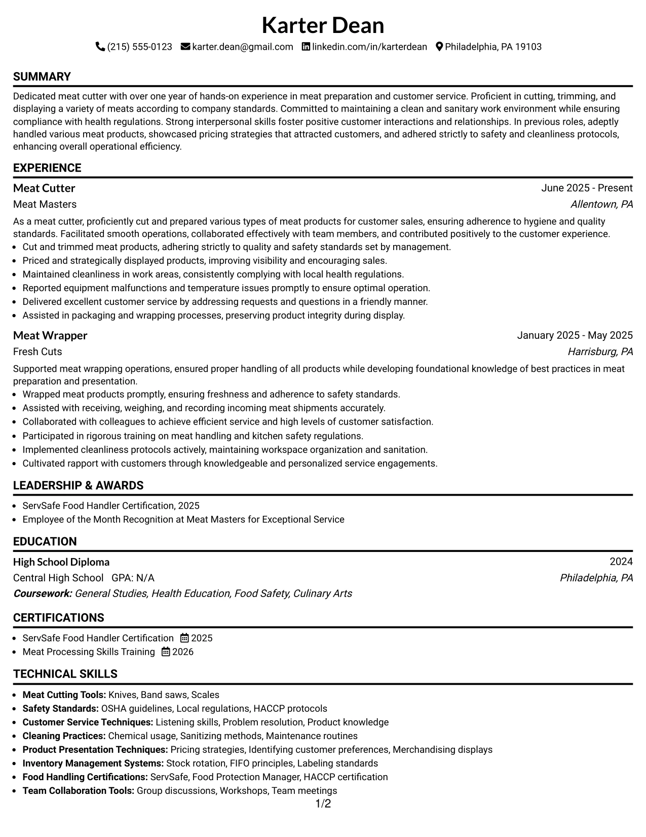 Resume Example Page 1
