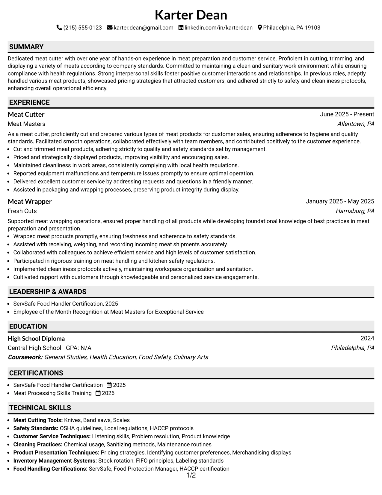 Resume Example Page 1