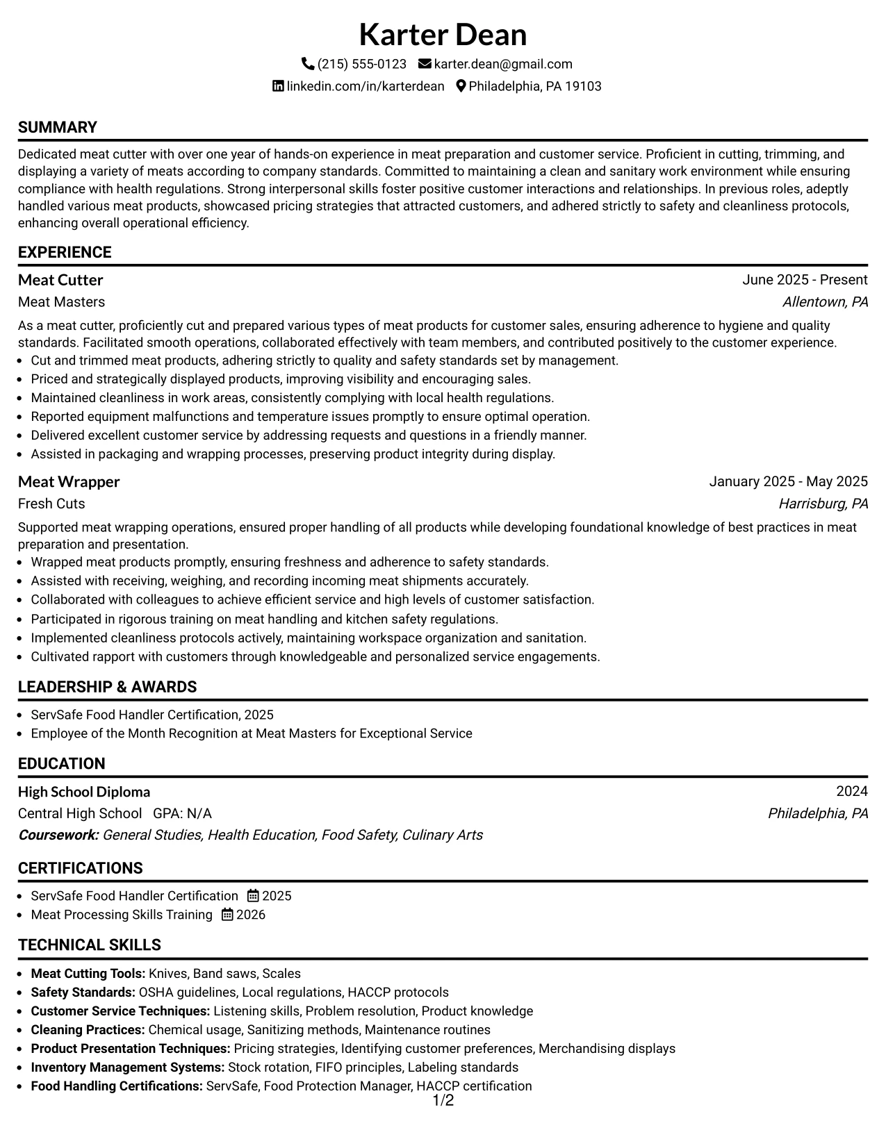 Resume Example Page 1