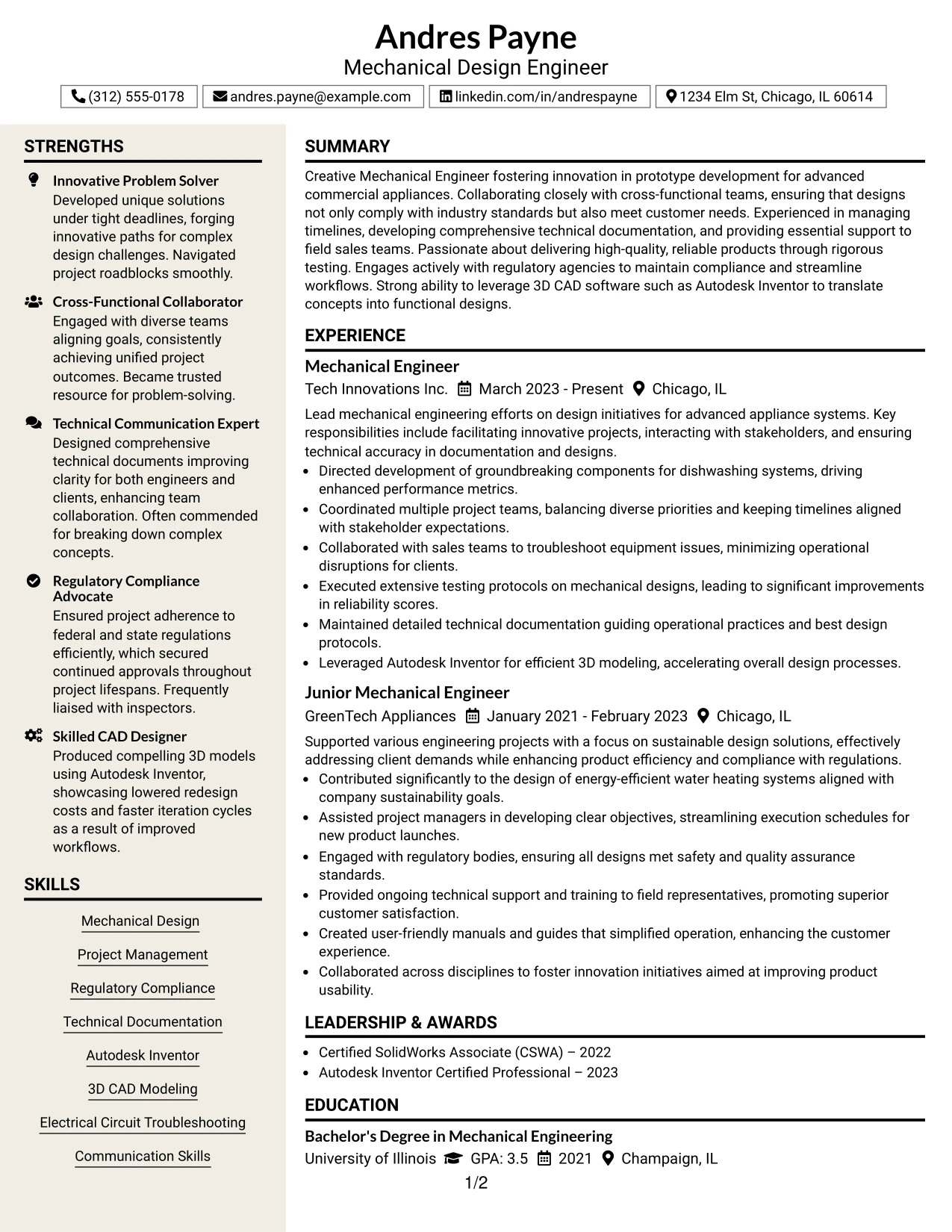 Resume Example Page 1