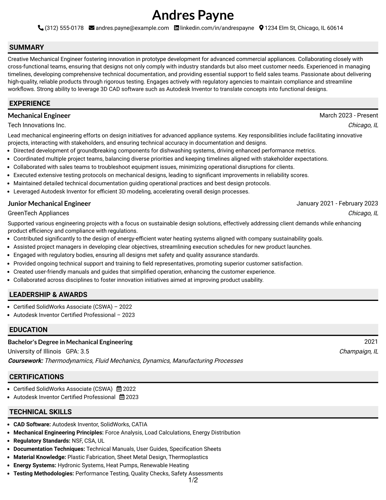 Resume Example Page 1
