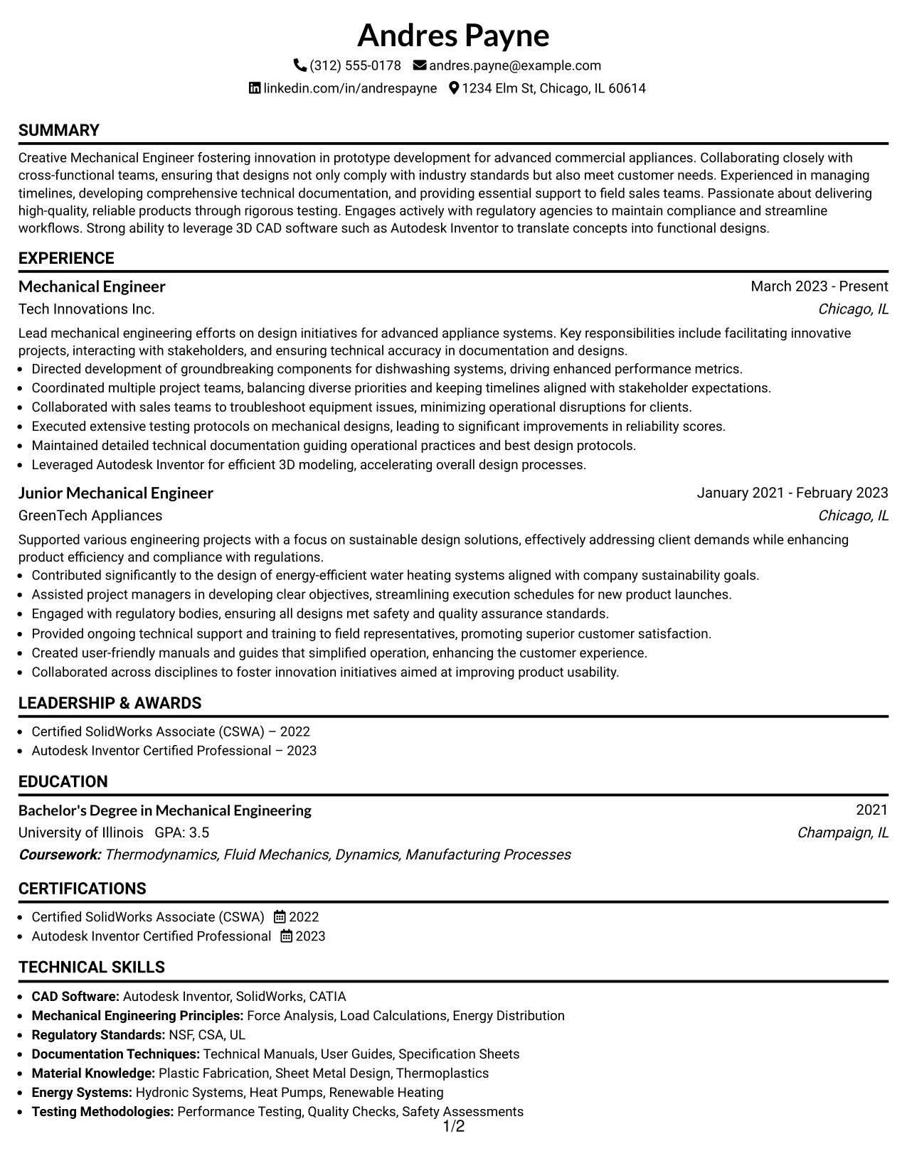 Resume Example Page 1