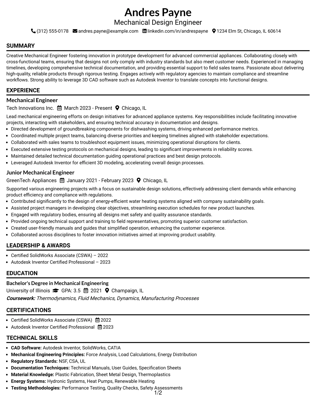 Resume Example Page 1