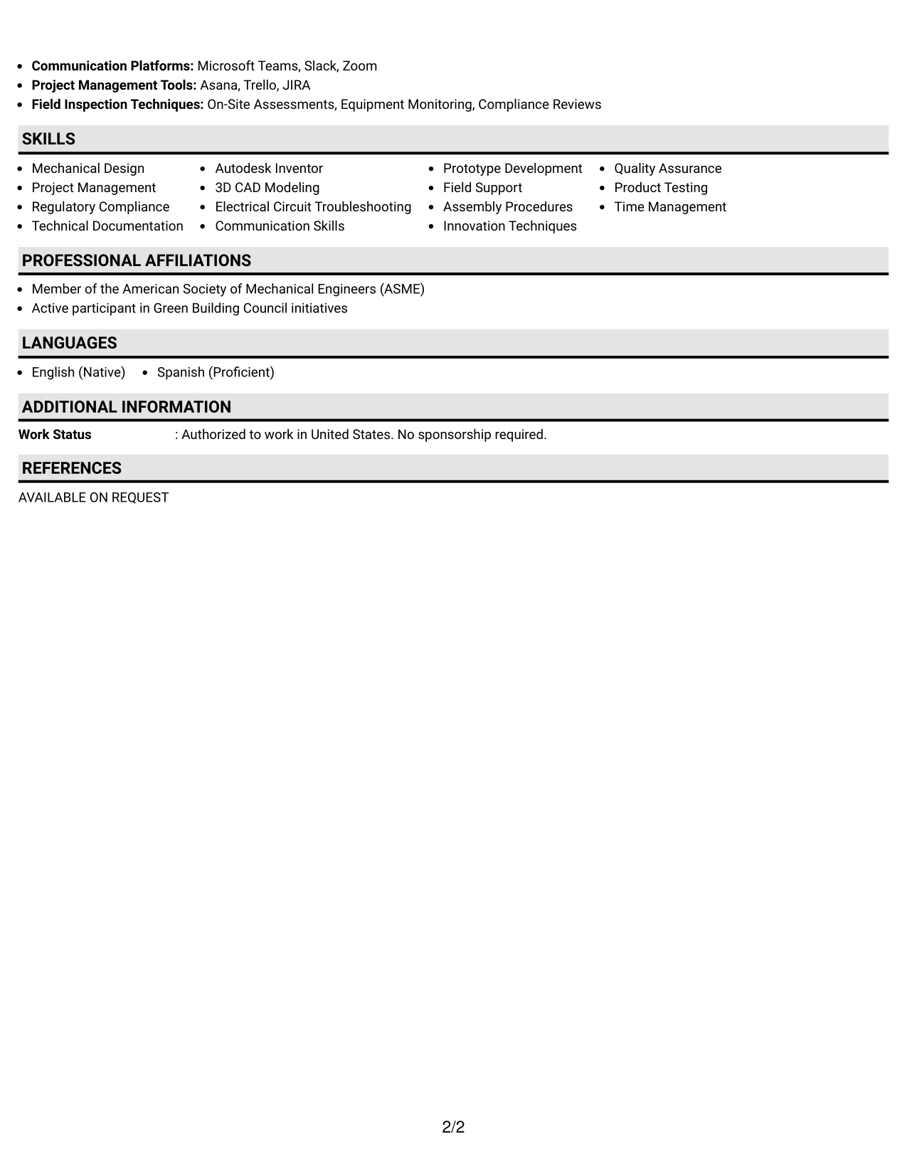 Resume Example Page 2