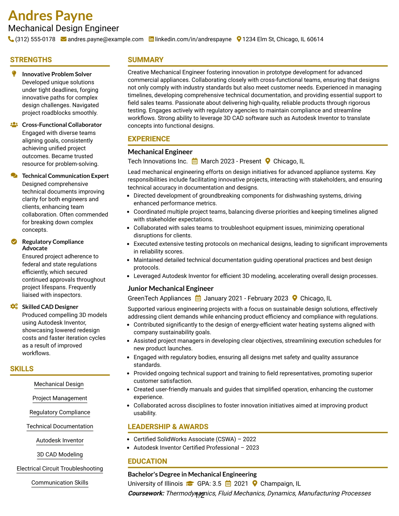 Resume Example Page 1