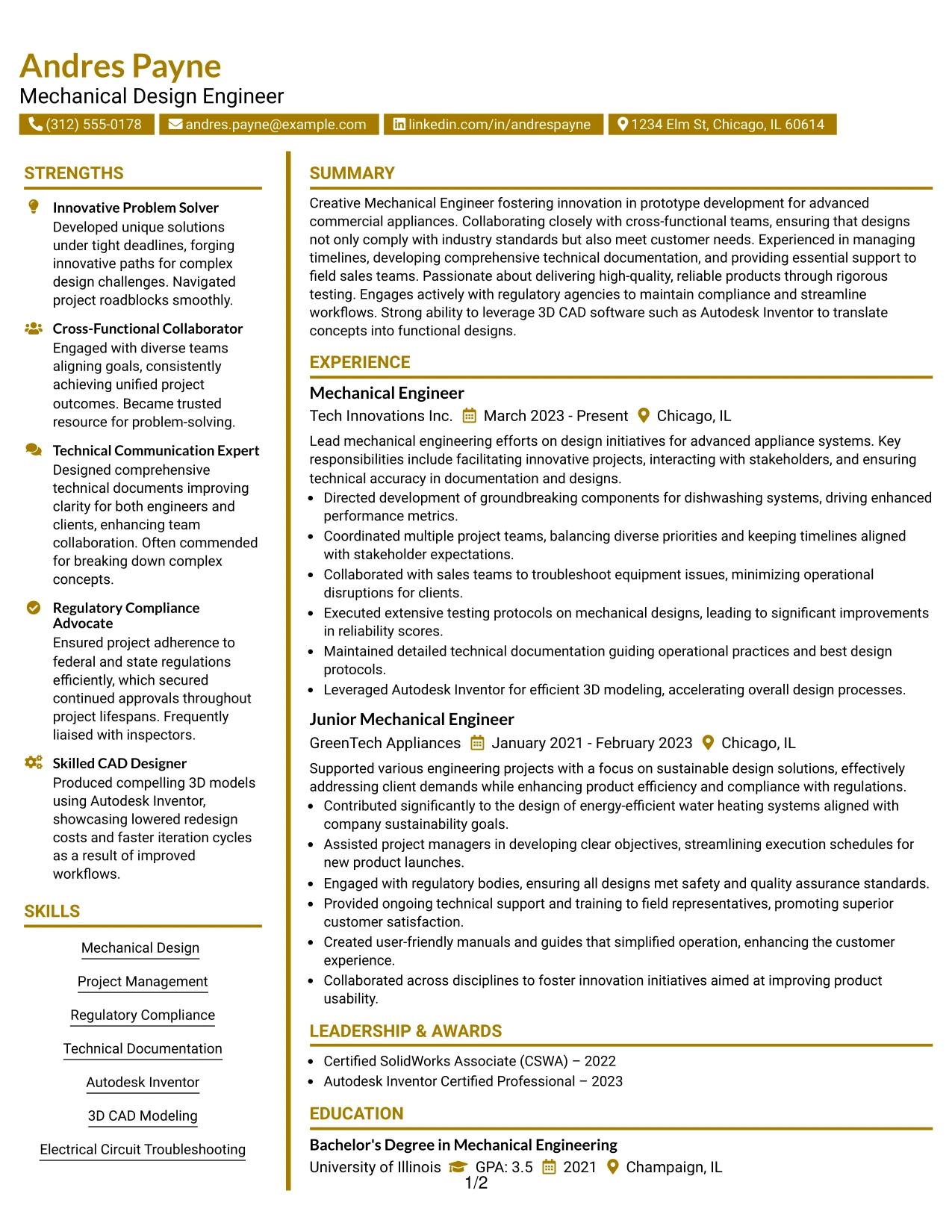 Resume Example Page 1