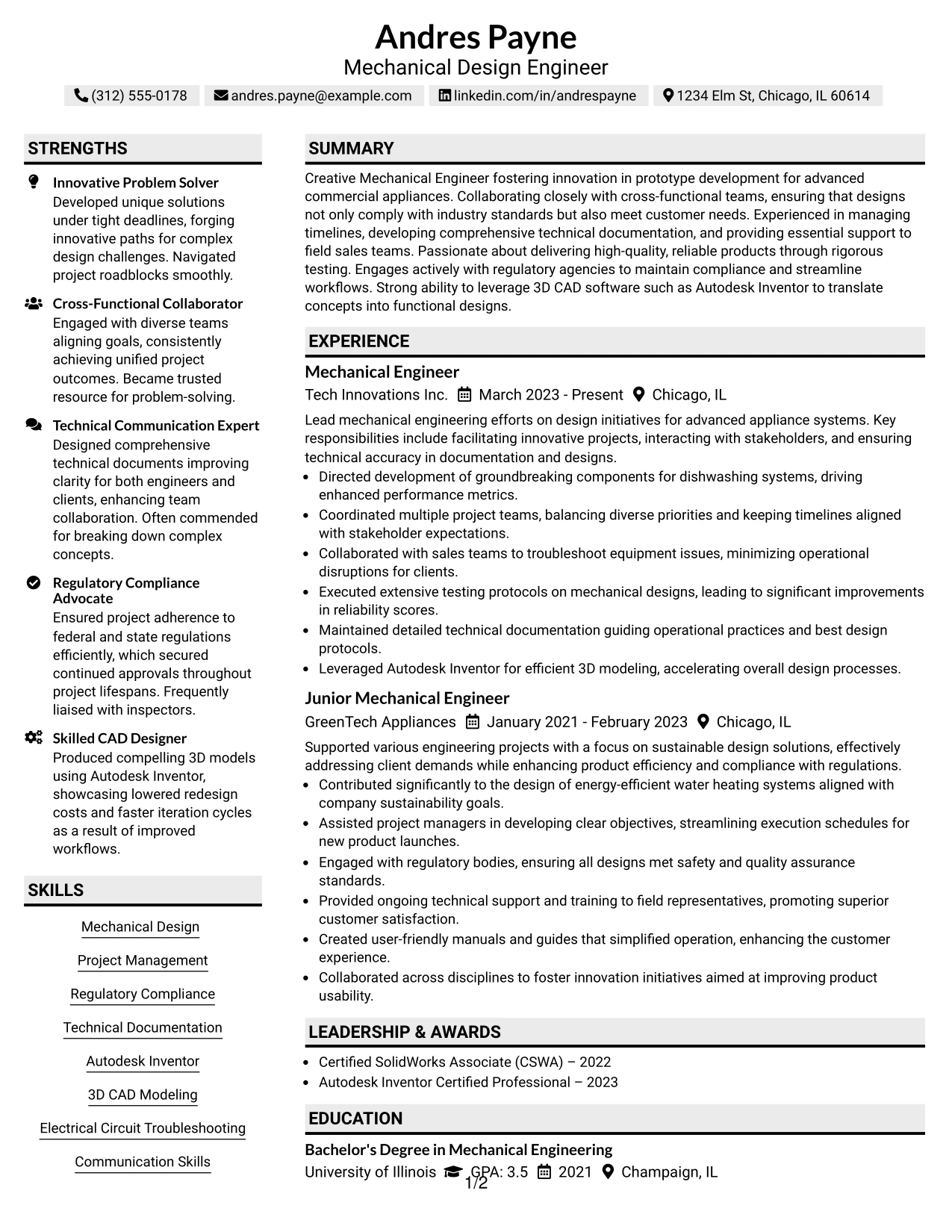 Resume Example Page 1