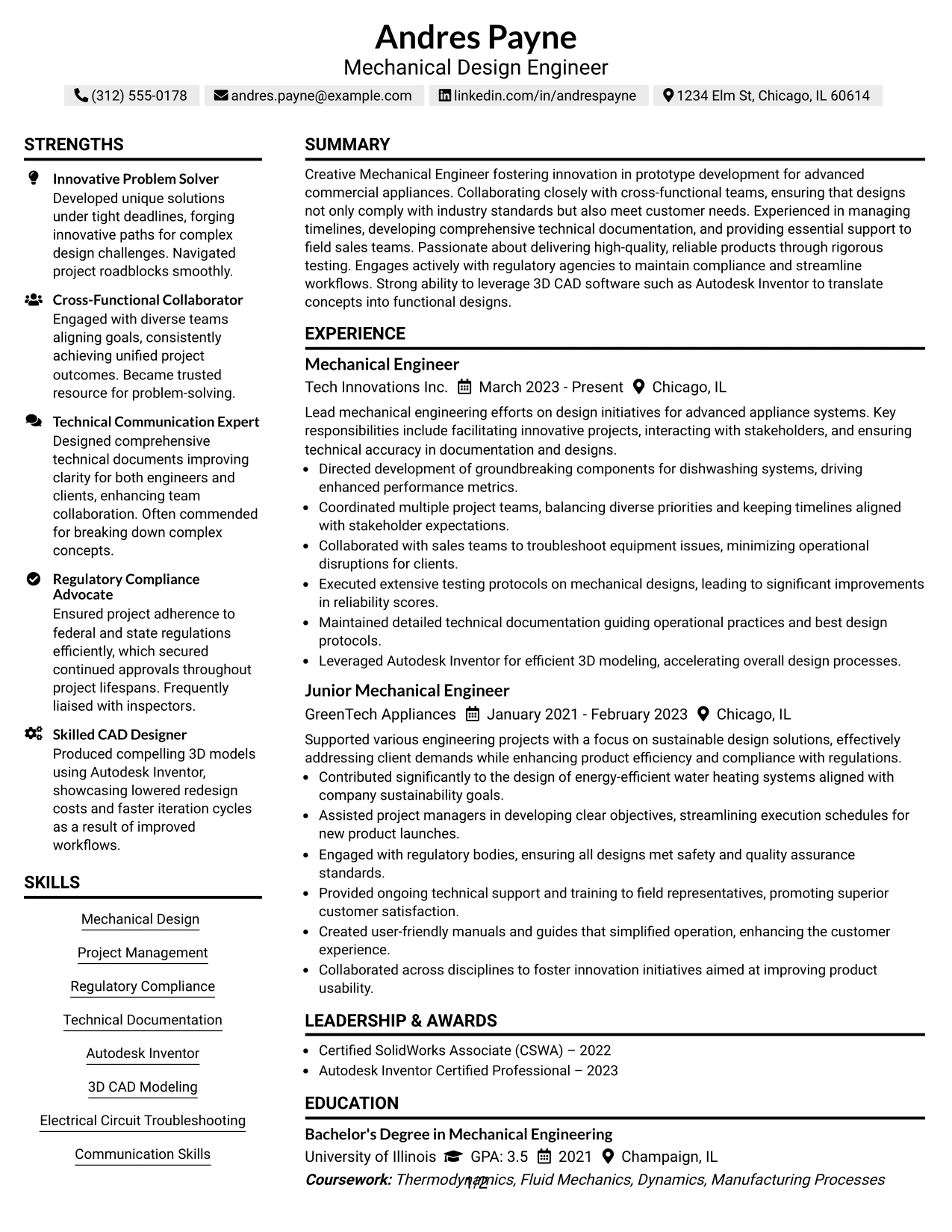 Resume Example Page 1