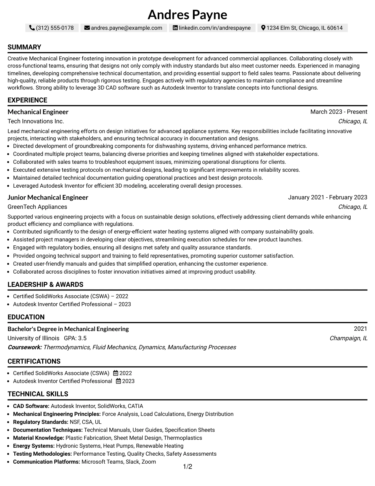 Resume Example Page 1