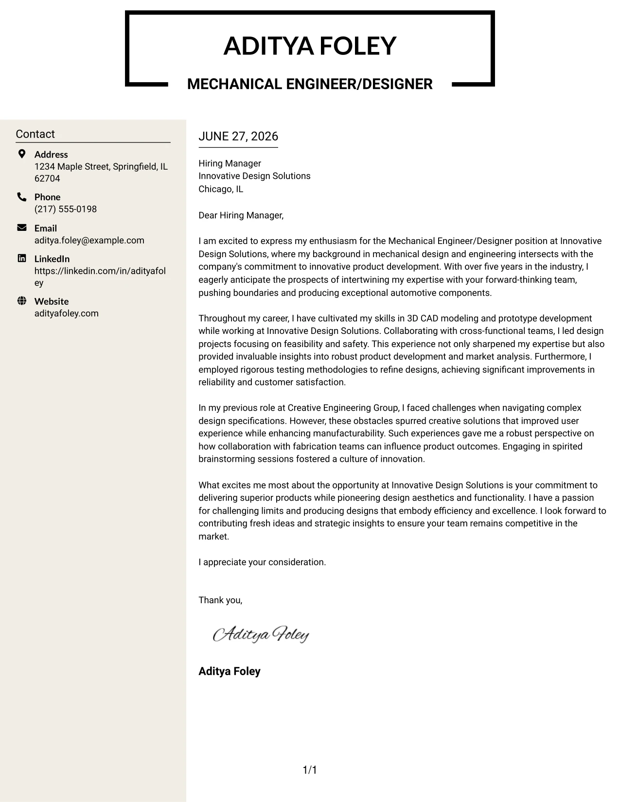 Resume Example Page 1