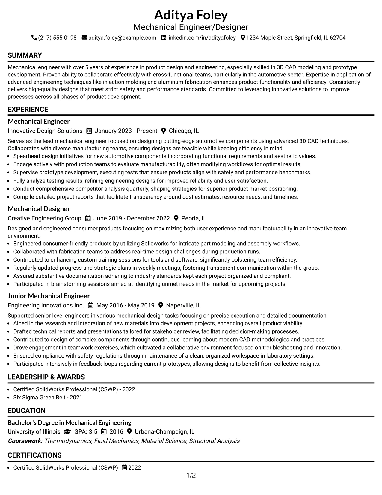 Resume Example Page 1