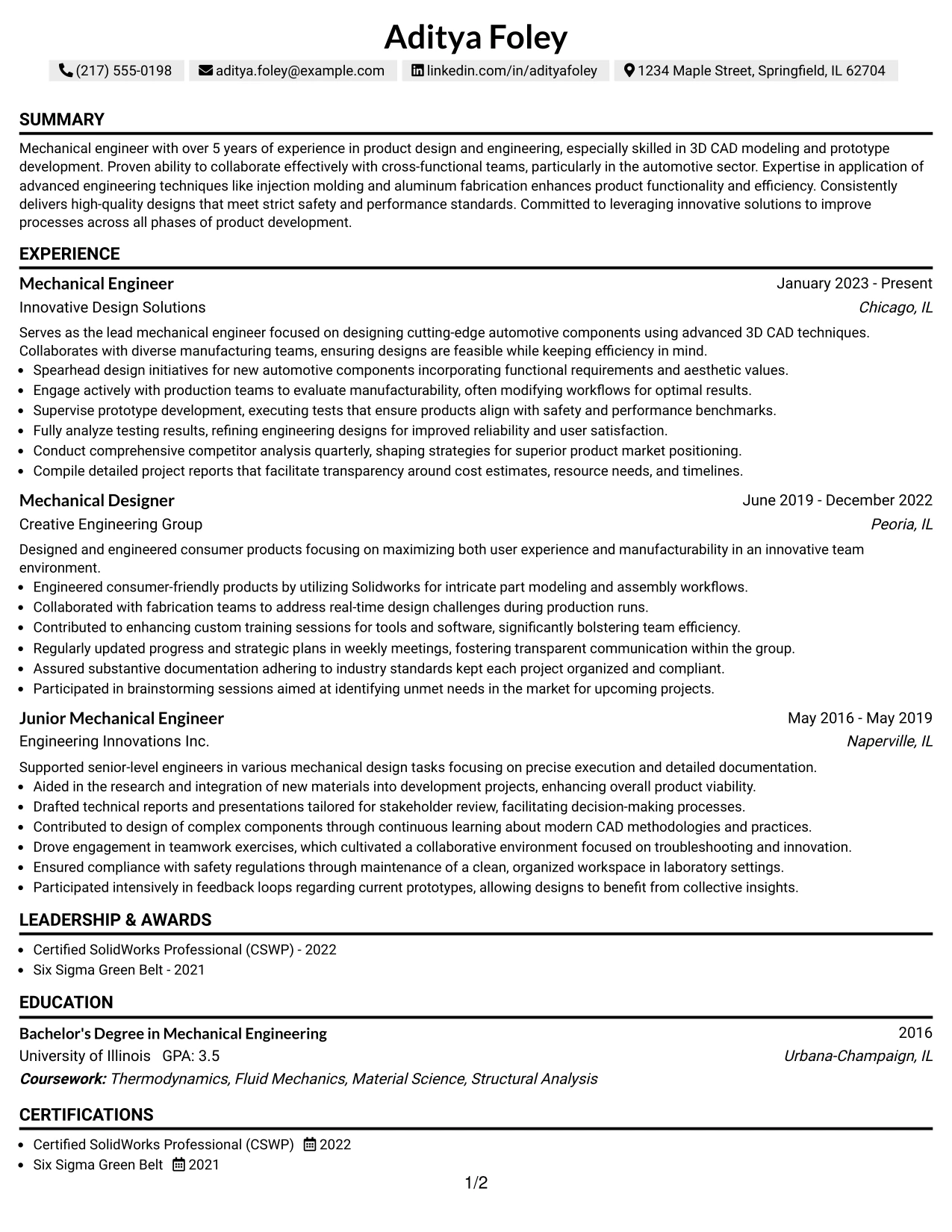Resume Example Page 1